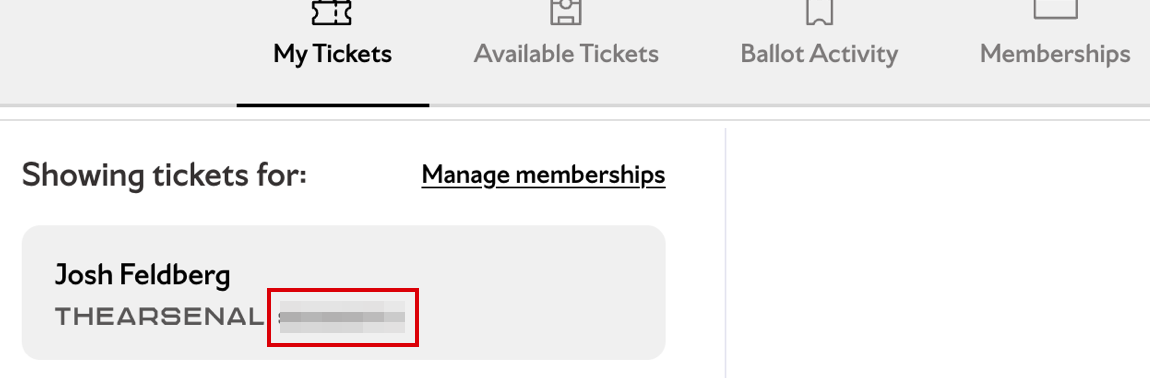 Pantalla My Tickets del Arsenal con el número de 7 dígitos señalado en rojo